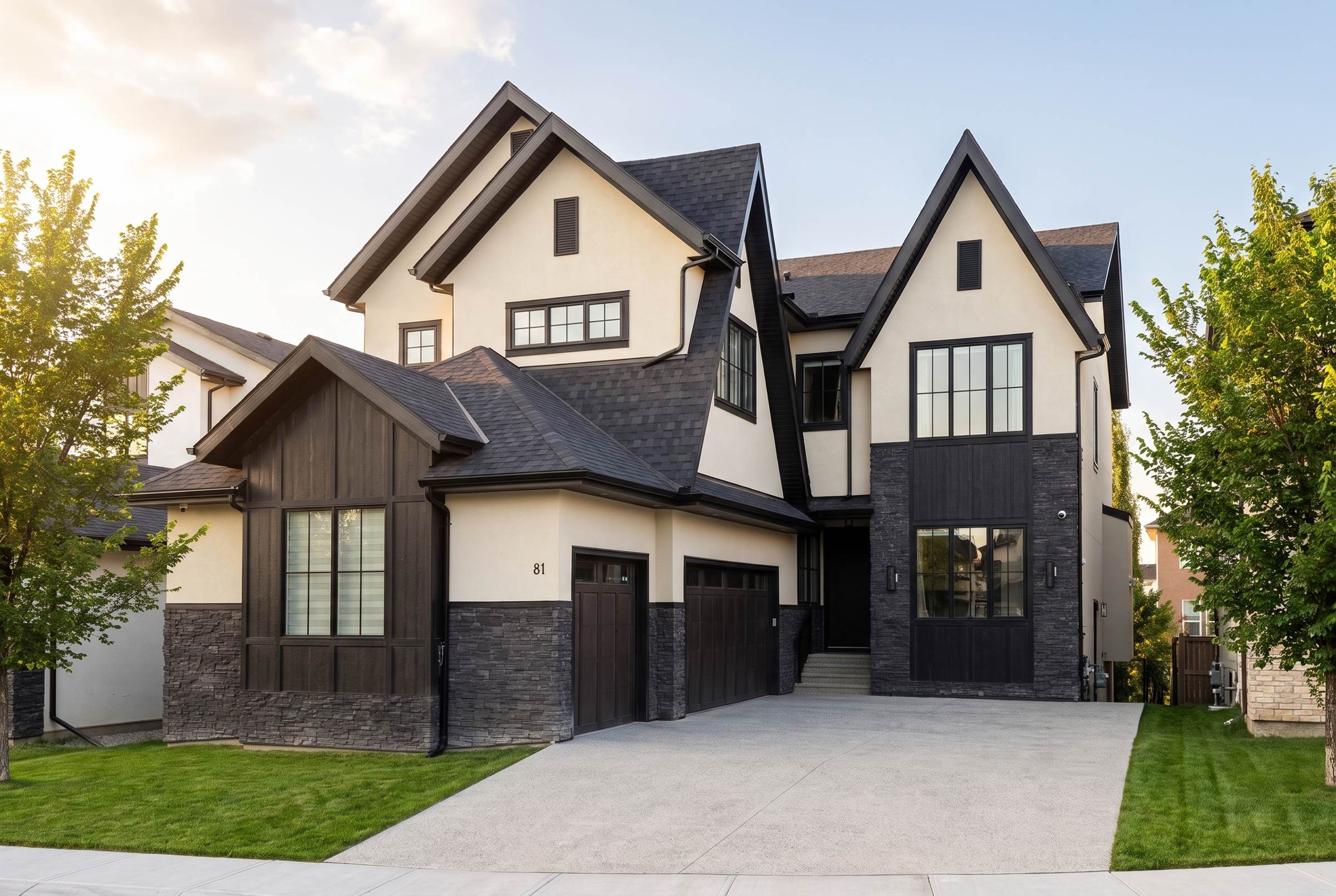 A completed Brar Homes estate home: dark board and batten with cream stucco and twin gables