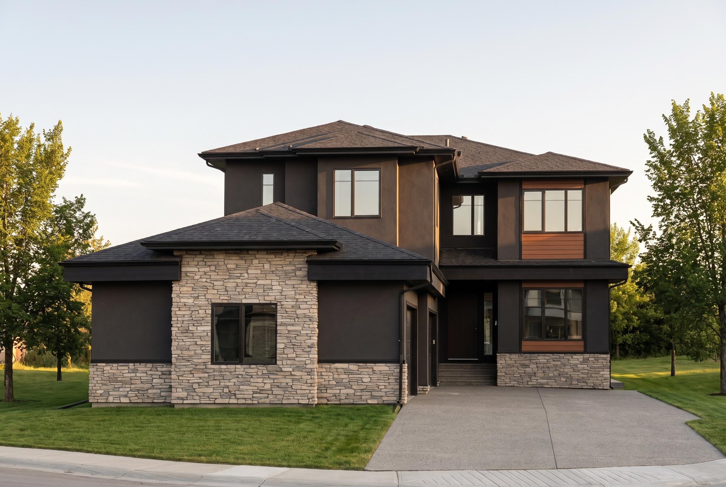 A completed Brar Homes estate home: brown prairie modern with a stone entry wing
