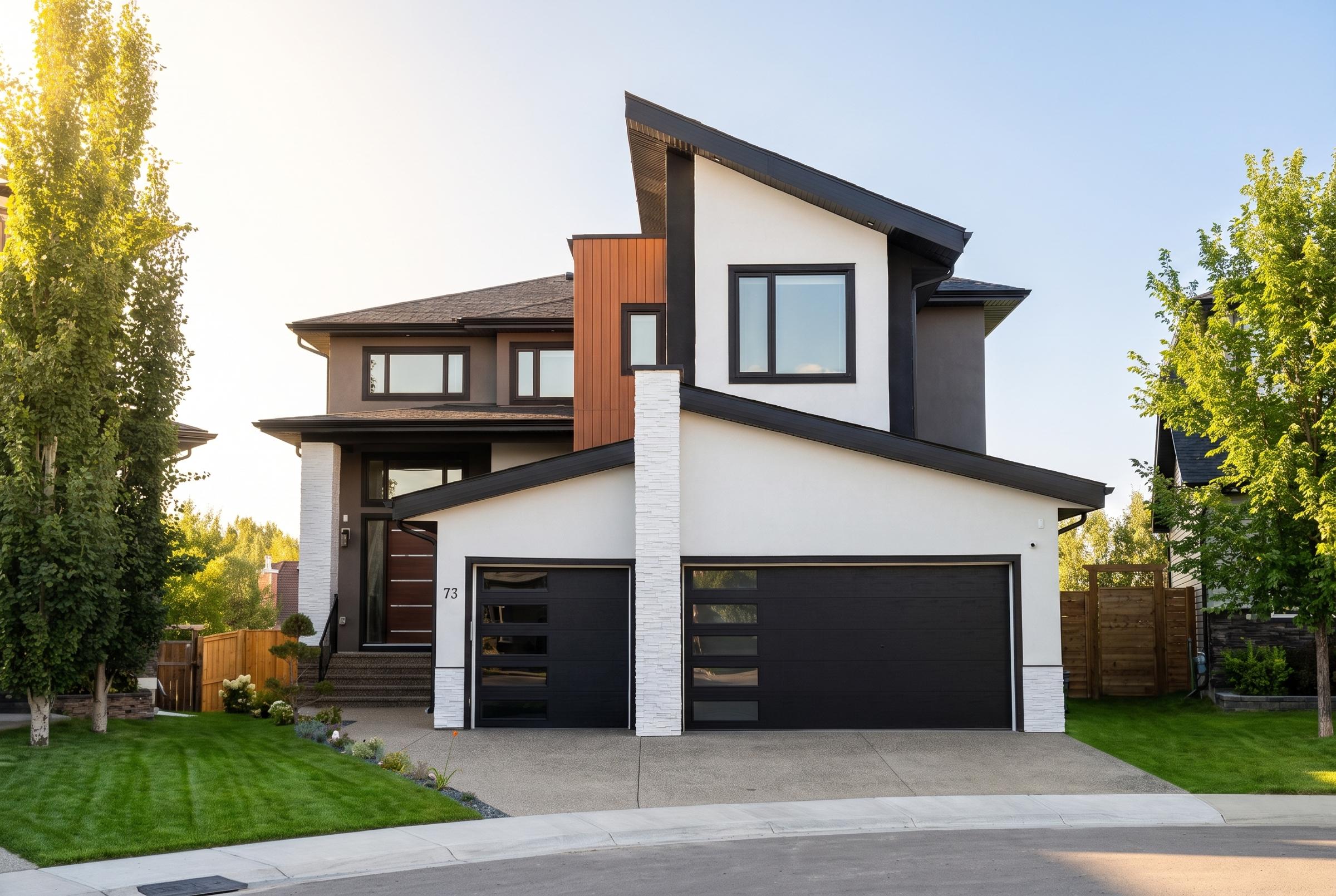 A completed Brar Homes estate home: white stucco and charcoal modern with a stone pillar