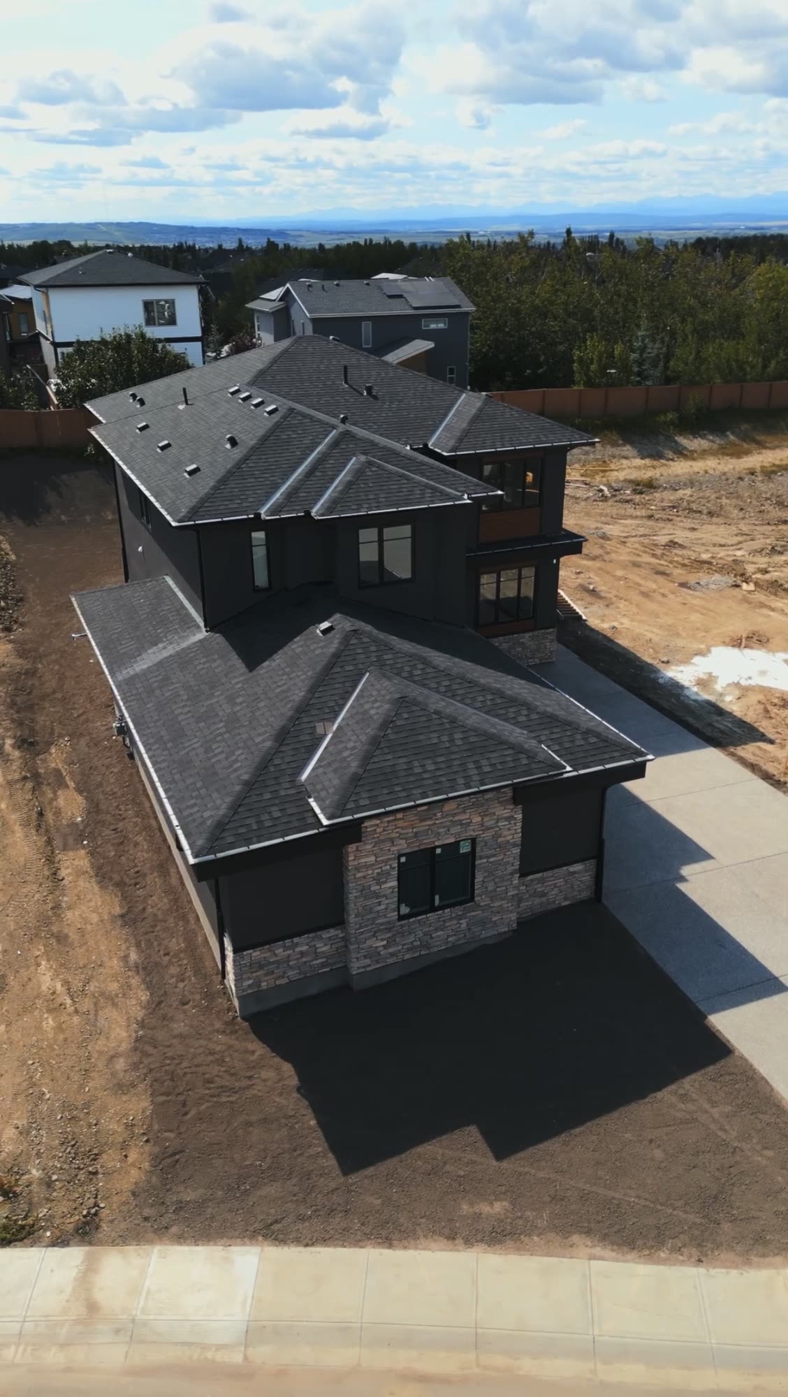 Aerial view across the roofline toward the trees behind the lot