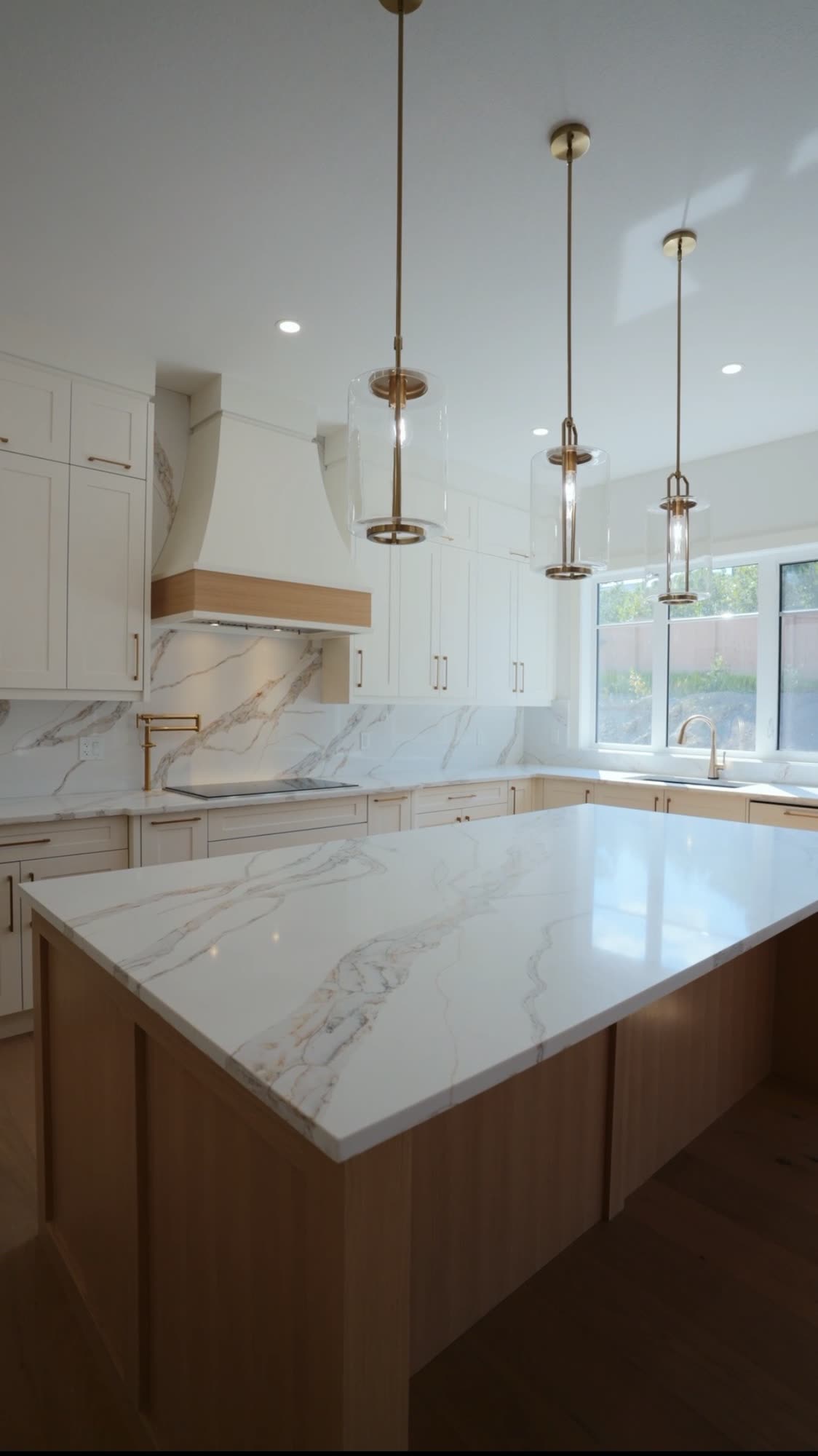 Kitchen island under brass pendants beside a window