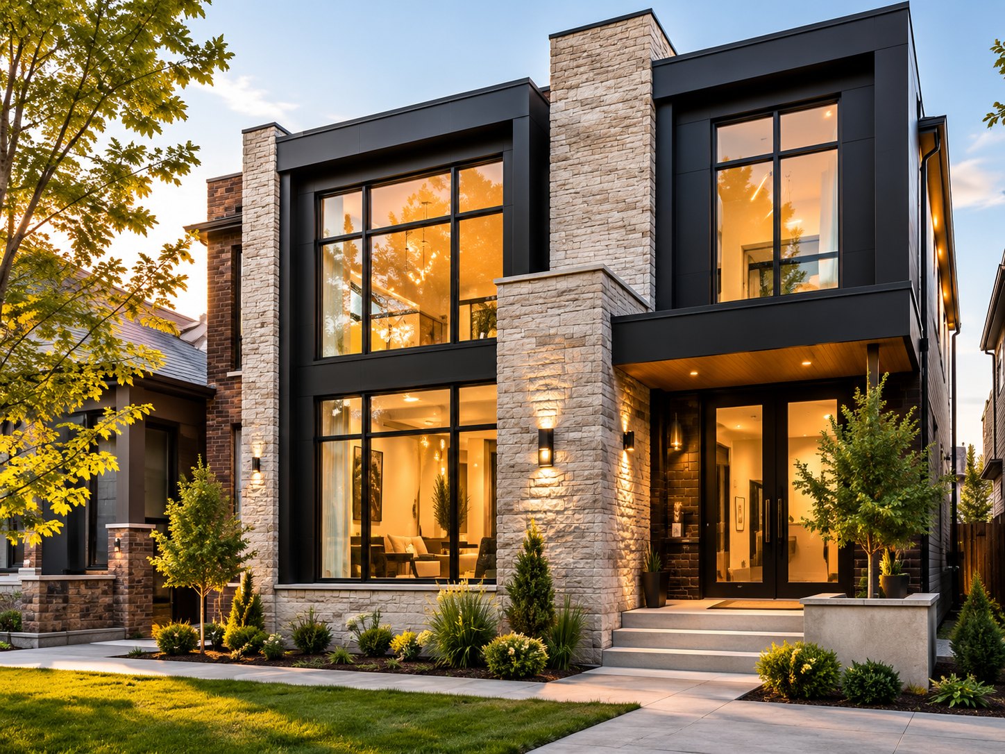 A modern two storey inner-city home in black panel and pale stone, lit at dusk